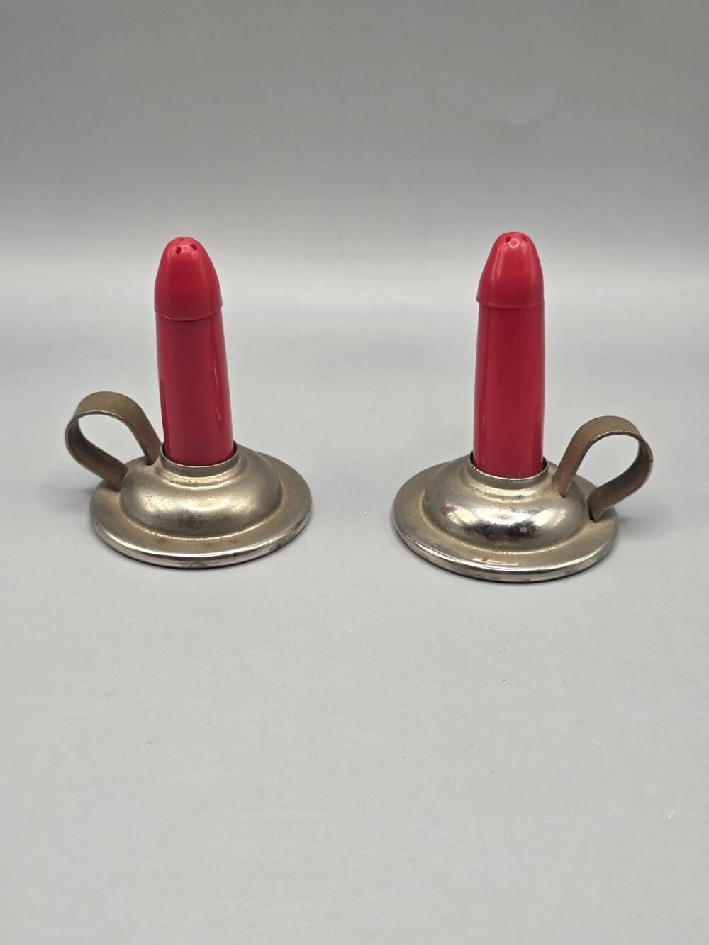Vintage Davis Red Candle Chamberstick Salt Pepper Shakers Metal Base Art Deco...